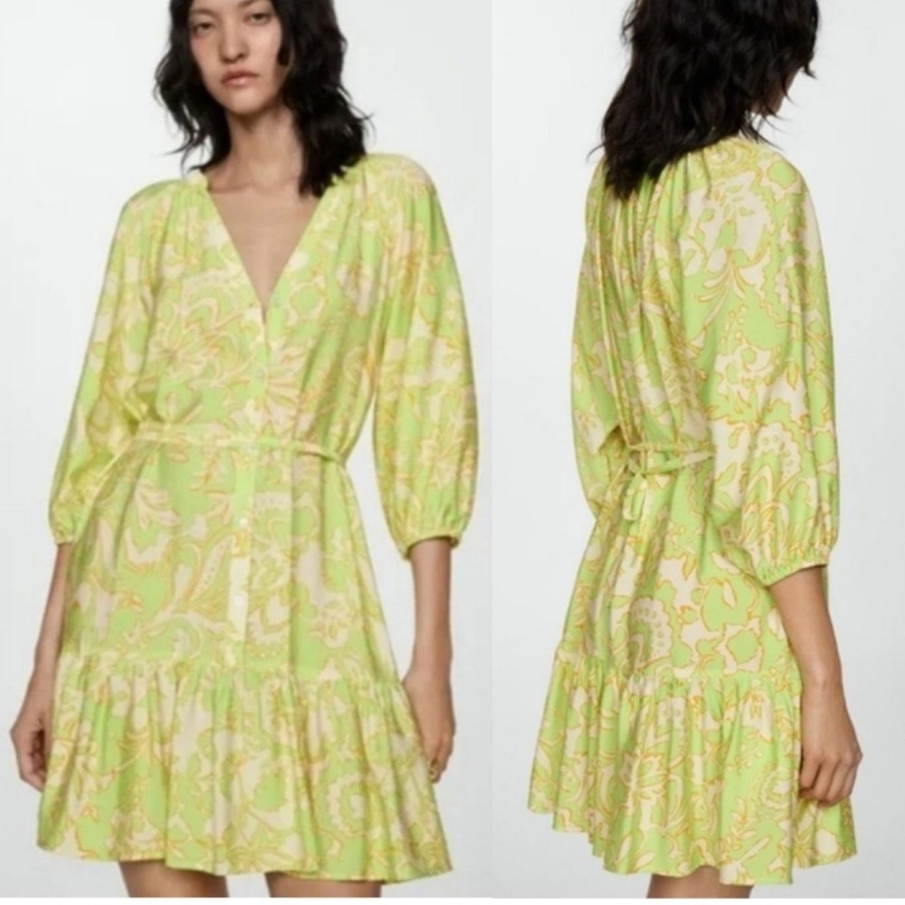 Mango Printed Bow V-Neck Ruffle Mini Dress in bright Green size 2 or xs - Picture 7 of 7